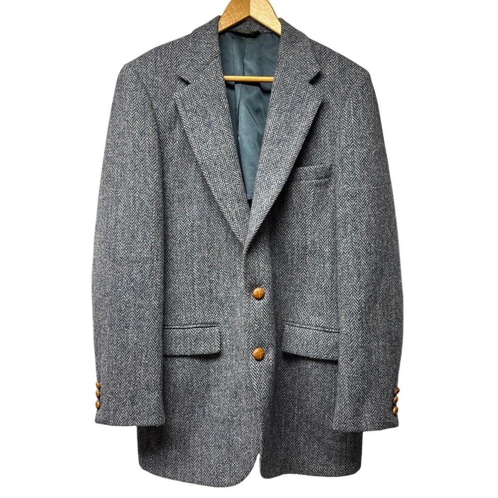 Harris Tweed Mens Scottish Wool Blazer Jacket Size 38/40 Blue Beige Herringbone